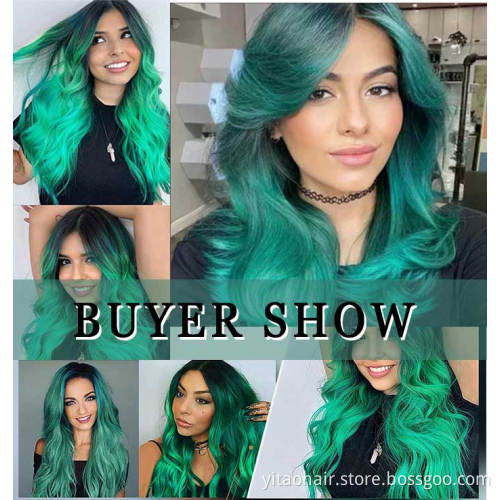 Synthetic Hair Wavy Wig Middle Part Ombre Long Curly Wigs for Women Fashion Green Mixed Blue Colored Cosplay Wig